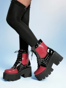 Sugerpunk Women's New Punk Style Boots, Thick Sole, Side Zipper, Fashion 8cm High Heel Riding Boots - Burgundy - View 4