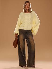 SHEIN BAE 女式休闲纯色蝙蝠袖毛衣，秋冬 - 黃色 - 查看 4