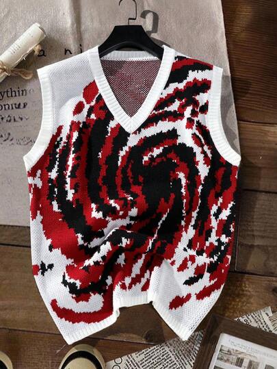 Manfinity Joysei Men's Tie-Dye V-Neck Loose Casual Knitted Vest Y2k Sweater Vest Men Graphic Vest