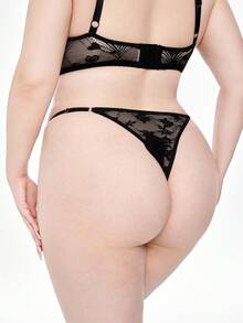 ROMWE J-Fashion 1 pieza Tanga sexy de encaje transparente con corazón brillante de rhinestone, talla grande, estilo Y2K - Negro - Ver 3