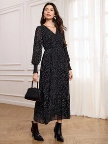 Medorina 秋冬女款優雅法式波點洋裝，彈性袖口與泡泡袖設計，雪紡日常派對黑白波點洋裝 - 黑色 - 查看 6