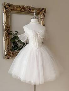 Lovelzi 华丽、优雅、高贵、端庄、青春、白色、亮片面料、网眼缝线、褶皱露肩连衣裙、罩杯款式、半透明、收腰 A 字裙、适合单身派对、婚礼宾客、毕业典礼、度假、舞会、新娘送礼会（搭配裙撑）、小白裙、新娘 - 白色 - 查看 3