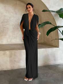 Aloruh 黑色低胸性感垂坠领网眼针织无袖连衣裙 - 黑色 - 查看 4