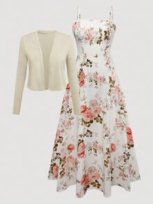 Franclia طقم فستان كامي مطبوع بالأزهار وجاكيت لون سادة مقاسات كبيرة - متعدد الألوان - مشاهدة 6