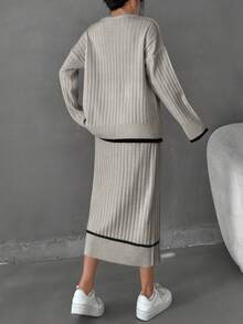EURMUSE 女士条纹细节毛衣长裙套装 - 米色 - 查看 2