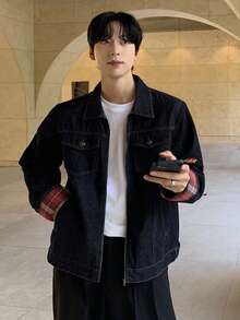 DAZY Autumn Patchwork Sleeve Fabric Street Style Letter Embroidery Design Navy Blue Men's Denim Jacket - Navy Blue - View 4