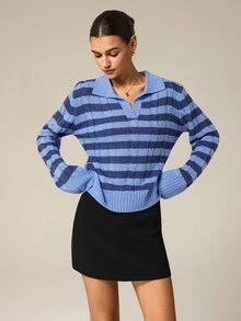 Hanevo Suéter casual versátil con cuello polo, tejido de punto de cable y bloques de color a rayas para otoño/invierno - Azul - Ver 4
