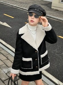 SHEIN 青少年女孩翻领长袖纽扣前开休闲百搭冬季羊毛夹克