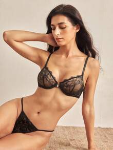 Charlaine 1pc Black Front-Closure Underwired 3/4 Cup Lace Trim Bra, Everyday Wear, Office, Casual, Alluring, Backless - Black - View 7