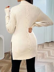 SHEIN 孕妇纯色高领长袖开衩休闲套头衫 - 卡其色 - 查看 2