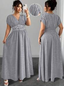 Elenzga Vestido maxi casual de talla grande para mujer con bordado en la cintura, vestido elegante y estilizador de estilo bohemio con estampado de paisley, cuello en V profundo, hombros fruncidos y cintura ceñida, para salidas, té de la tarde, fiestas, uso diario y vacaciones