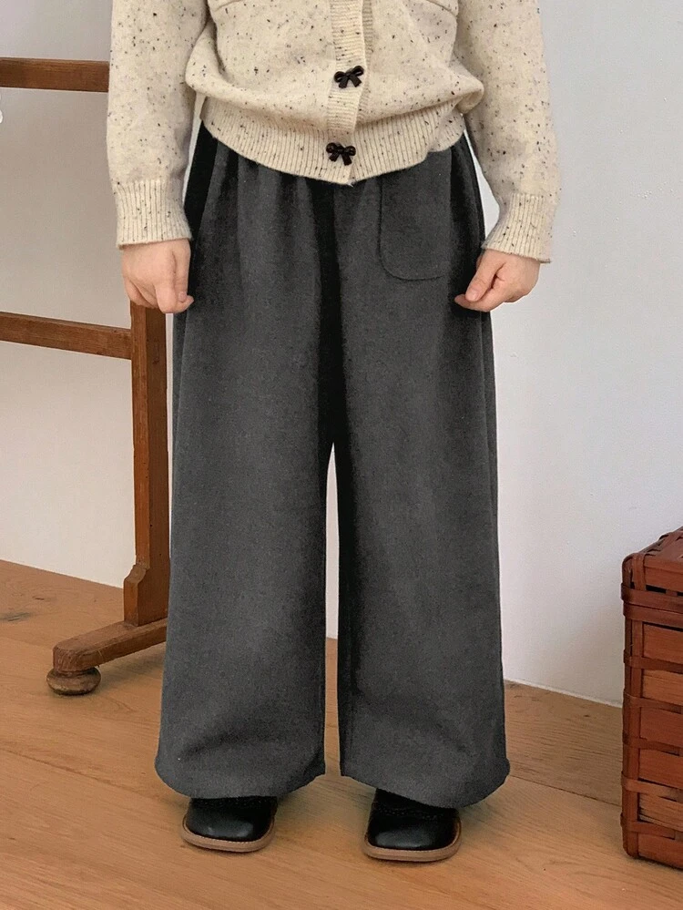 Young Girls Korean Style Woolen Wide Leg Casual Pants, Autumn/Winter