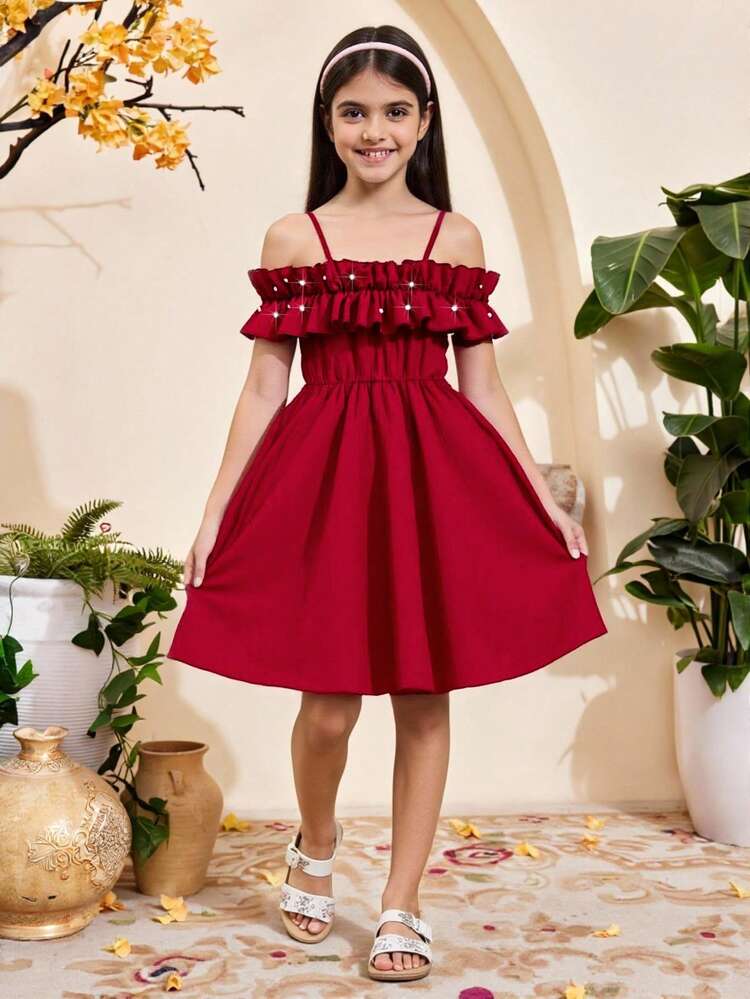 Tween Girl Casual Woven Dress With Ruffled Off-Shoulder Adjustable Neckline, Simple Design, Spring/Summer, Dress Only (Belt Sold Separately For Styling) - Burgundy - View 4