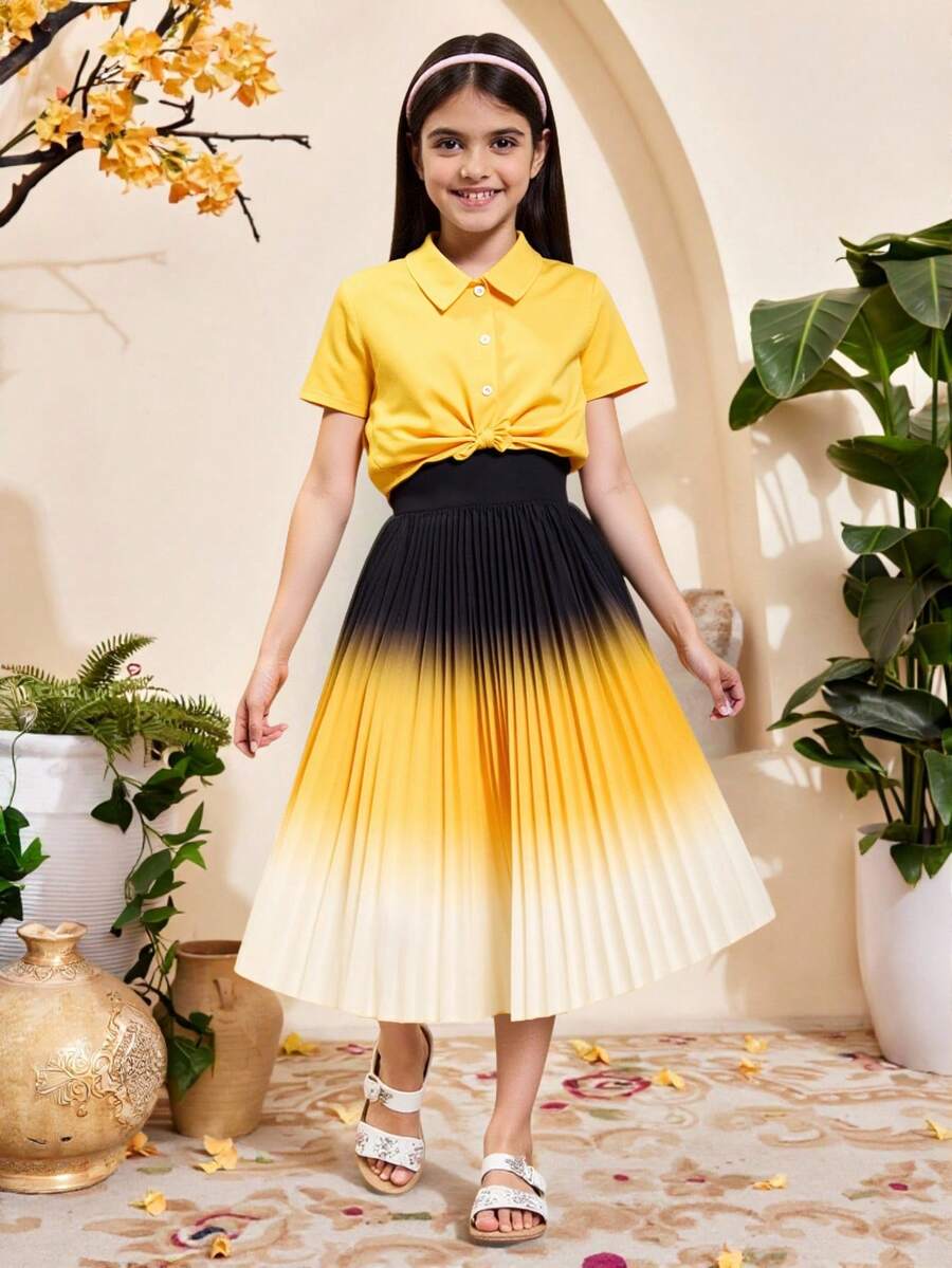 Tween Girls 优雅渐变色吊带连衣裙 + 简约短袖衬衫 2 件套，夏季假日休闲装 - 黃色 - 查看 1