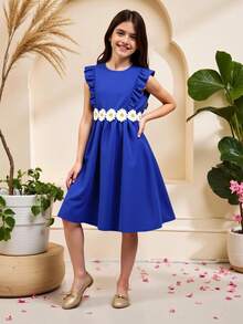 女孩貼花荷葉邊A字連衣裙