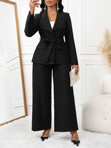 SHEIN Lady 女士优雅通勤纯色夹克和裤子两件套 - 黑色 - 查看 7