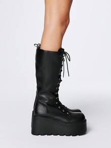 ROMWE Grunge Punk Stivali da donna nuovi per l'autunno/inverno 2025, con punta tonda, stringati, stile punk, suola platform spessa, stivali da esterno alla moda, slip-on sopra il ginocchio - nero - Visualizzare 4