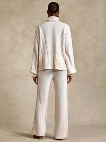 Bóhologie Casual Crew Neck Oversize Crew Round Neck Balloon Sleeve Cable Knit Cozy Comfy Warm Touch Sweater & Wide Leg High Waist Knit Pants Pyjama Comfy Look For Fall Winter Women Outfits Cream Outfit Women Two Pieces Set Women Knit Two Pieces Set Women's Knit Set Cream Two Pieces Outfit - Apricot - View 4