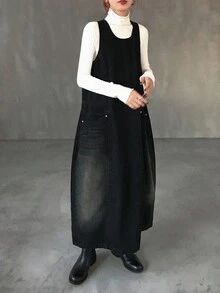 FRIFUL 女式休闲宽松牛仔双口袋连衣裙 - 藍色 - 查看 4