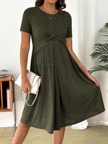 Cheriluna Maternity Casual Solid Color Comfortable Loose Round Neck Short Sleeve Nursing Dresses