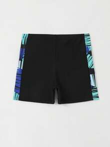 Tween Boys' Printed Splicing Swim Trunks Summer Holiday Summer Black Swim Bohemian Summer Holiday Cute - Black - View 2