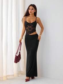 SHEIN PETITE Váy maxi ren đen xuyên thấu gợi cảm cho kỳ nghỉ hè trên bãi biển, thích hợp cho hẹn hò hàng ngày, đi chơi đêm, hộp đêm, tiệc tùng, tụ tập, tiệc cocktail, tiệc hồ bơi, trang phục mùa tựu trường, váy mùa tựu trường, váy ngày lễ váy nữ váy không tay gợi cảm màu trơn cho nữ, váy trắng, váy đi nghỉ - màu đen - Xem 5