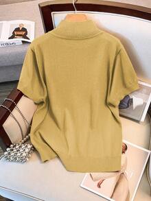 GlowEve CURVE Áo len dệt kim tay ngắn cổ đứng màu trơn cỡ lớn dành cho nữ, mùa thu - Màu be - Xem 2