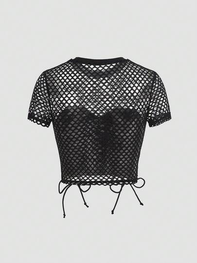 Blusa de mujer con diseño de contraste de color, parches de red y cruzado con lazo delantero