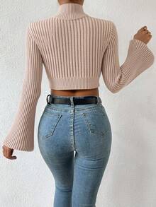 EURMUSE High Neck Cable Knit Flare Sleeve Crop Sweater - Pink - View 2