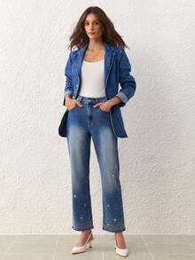 SHEIN Essnce Women's Casual Washed Rhinestone Flare Jeans - Blue - View 3