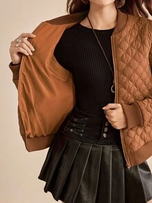 Wildy Áo khoác dài tay có khóa kéo màu trơn cổ điển thường ngày dành cho nữ - trái cam - Xem 8