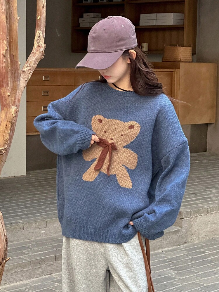 DAZY 超大号泰迪熊提花针织毛衣，青少年甜美风格，秋季 - 藍色 - 查看 4