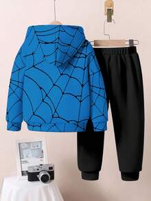 SHEIN 2 件套年轻男孩宽松休闲卡通蜘蛛图案套头连帽衫运动衫，舒适时尚，适合秋冬季 - 彩色 - 查看 3