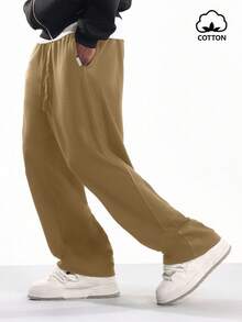 SUMWON 男士运动裤，灰色，舒适宽松版型 | 纯棉材质 | 休闲风格 | 适合日常穿着和运动 | 弹性腰带，穿着舒适 - 卡其色 - 查看 3