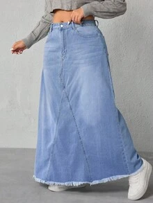 SHEIN ICON Plus Size Casual Frayed Hem Long Denim Skirt, Spring/Summer - Light Wash - View 1