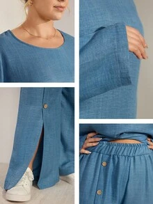 Momelise Plus Size Women Solid Color Round Neck Adjustable Long Sleeve Asymmetrical Hem Top And Long Button Slit Casual Pants Set - Blue - View 9