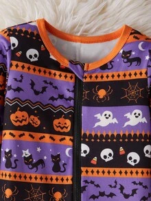 Young Boy Halloween New Snug Fit Knit Purple Skeleton, Pumpkin Lantern, Bat Long Sleeve Jumpsuit Pajamas, Family Matching Kids Halloween Pajamas Snug Fit Fall Winter - Multicolor - View 5