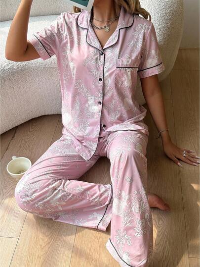 SHEIN Floral Tree & Rabbit Print Short Sleeve Pajama Set With Collar Pink Pajamas Set Floral Pajamas Set Satin Pajama Set Pink Satin Pajamas Set Bunny Pajamas Set