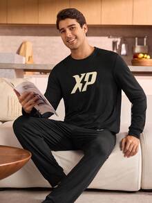 Manfinity Underwear&Sleepwear Basics Men's Letter Print Crew Neck Long Sleeve Top And Pants Pajama Set, Fall Winter Clothes - Black - View 5