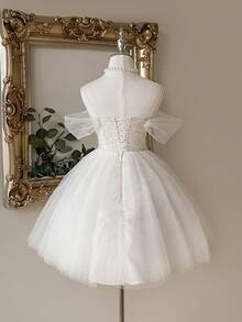 Lovelzi 华丽、优雅、高贵、端庄、青春、白色、亮片面料、网眼缝线、褶皱露肩连衣裙、罩杯款式、半透明、收腰 A 字裙、适合单身派对、婚礼宾客、毕业典礼、度假、舞会、新娘送礼会（搭配裙撑）、小白裙、新娘 - 白色 - 查看 2