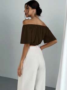 Aloruh Women's Solid Color Off Shoulder Cinched Waist Blouse - Coffee Brown - View 2