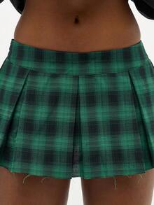 SUMWON WOMEN Pleated Green Check Mini Skirt With Tartan Pattern For Fall Winter Preppy School Style - Green - View 4