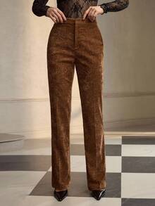 ZEYLAH Women's High Waist Wide Leg Solid Color Pants, Elegant, Autumn/Winter - Brown - View 4