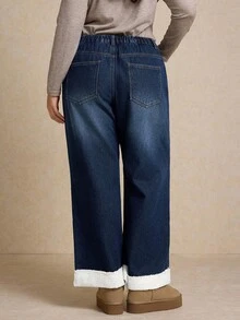 Elaquor Jeans de felpa azul talla grande, pantalones de pierna recta de cintura alta con dobladillo, pantalones de felpa cálidos, adecuados para uso casual clásico en invierno - Azul lavado oscuro - Ver 3