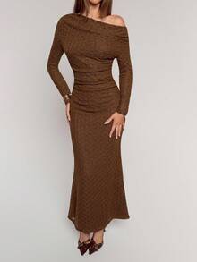 SHEIN BAE Vestido feminino elegante, cor sólida, ombro assimétrico, manga comprida, franzido, bainha rabo de peixe - Castanho - Ver 5