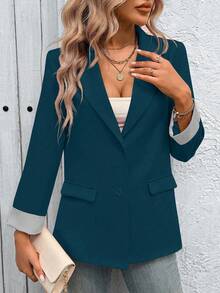 EMERY ROSE Women's Striped Long Sleeve Front Button Lapel Collar Fashion Versatile Blazer - Teal Blue - View 6