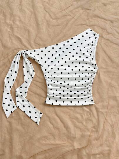 Soleia Women's Y2K Polka Dot Print Ruched Asymmetric Shoulder Top Casual Blouses For Ladies Winter No Chest Padding
