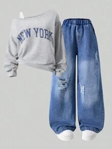 2pcs/Set Teenager Girls Sweatsuit, Sleeveless Top With Letter Graphic, Distressed Denim Pants, Suitable For School, Commute, Outing, Can Be Paired With Jacket Fall Winter