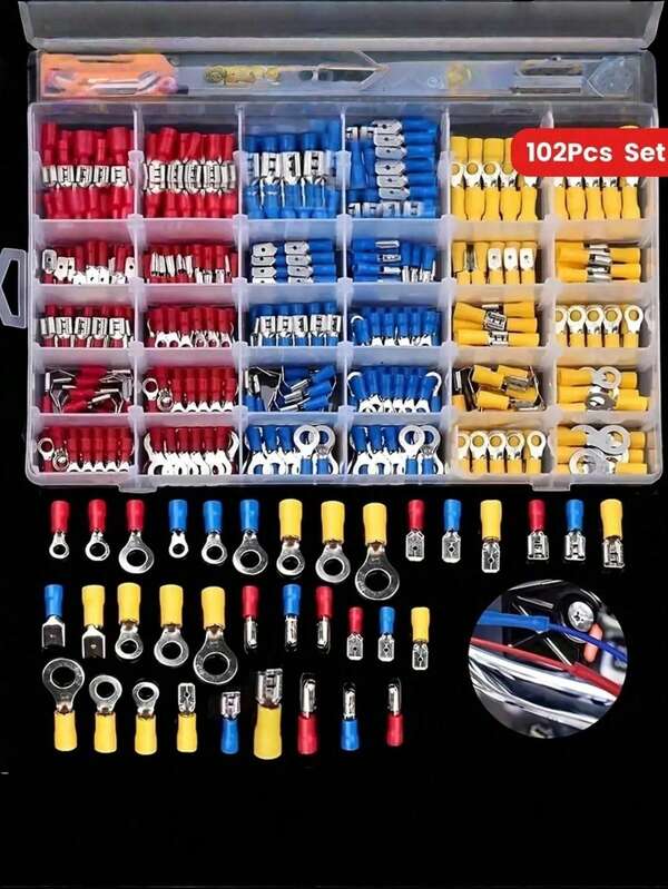 SHEIN 1 caja/102 piezas Juego universal de terminales de crimpado eléctrico - Surtido de kit de conectores de cable con anillo aislado, horquilla y conector de tope para cableado automotriz y marino - Sin cargo, sin batería incluida