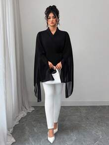 SHEIN CURVE+ 大码女式纯色雪纺透明大码袖子收腰衬衫 - 黑色 - 查看 4